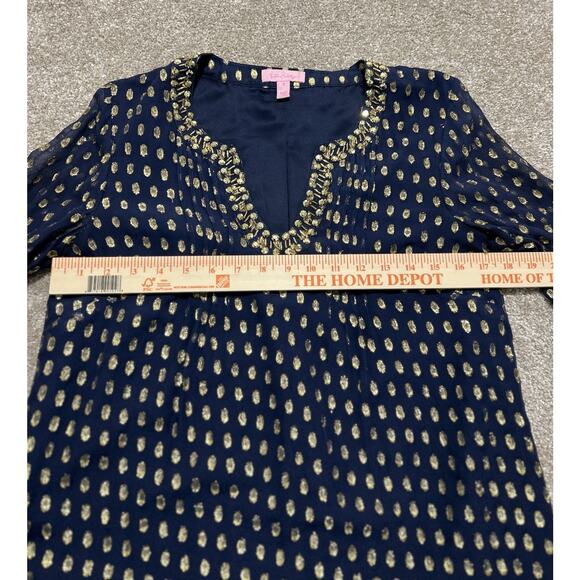 Lilly Pulitzer Women’s 4 Navy Crinkle Clip Silk Jacquard Dress Navy Gold  - Picture 4 of 11